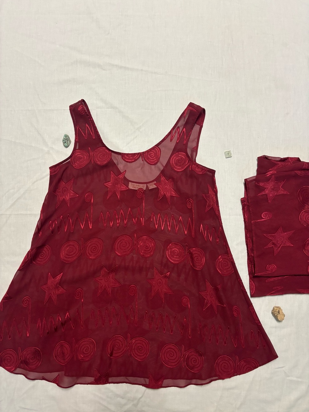 Victoria's Secret Red Sheer Star & Swirl Embroidered Lounge Wear Matching Set